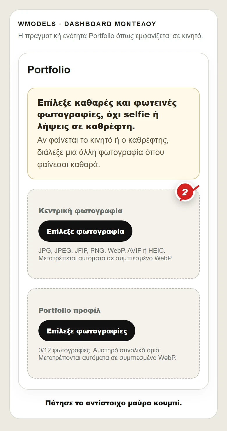 Η πραγματική ενότητα Portfolio του WModels σε κινητό με τα κουμπιά επιλογής φωτογραφιών